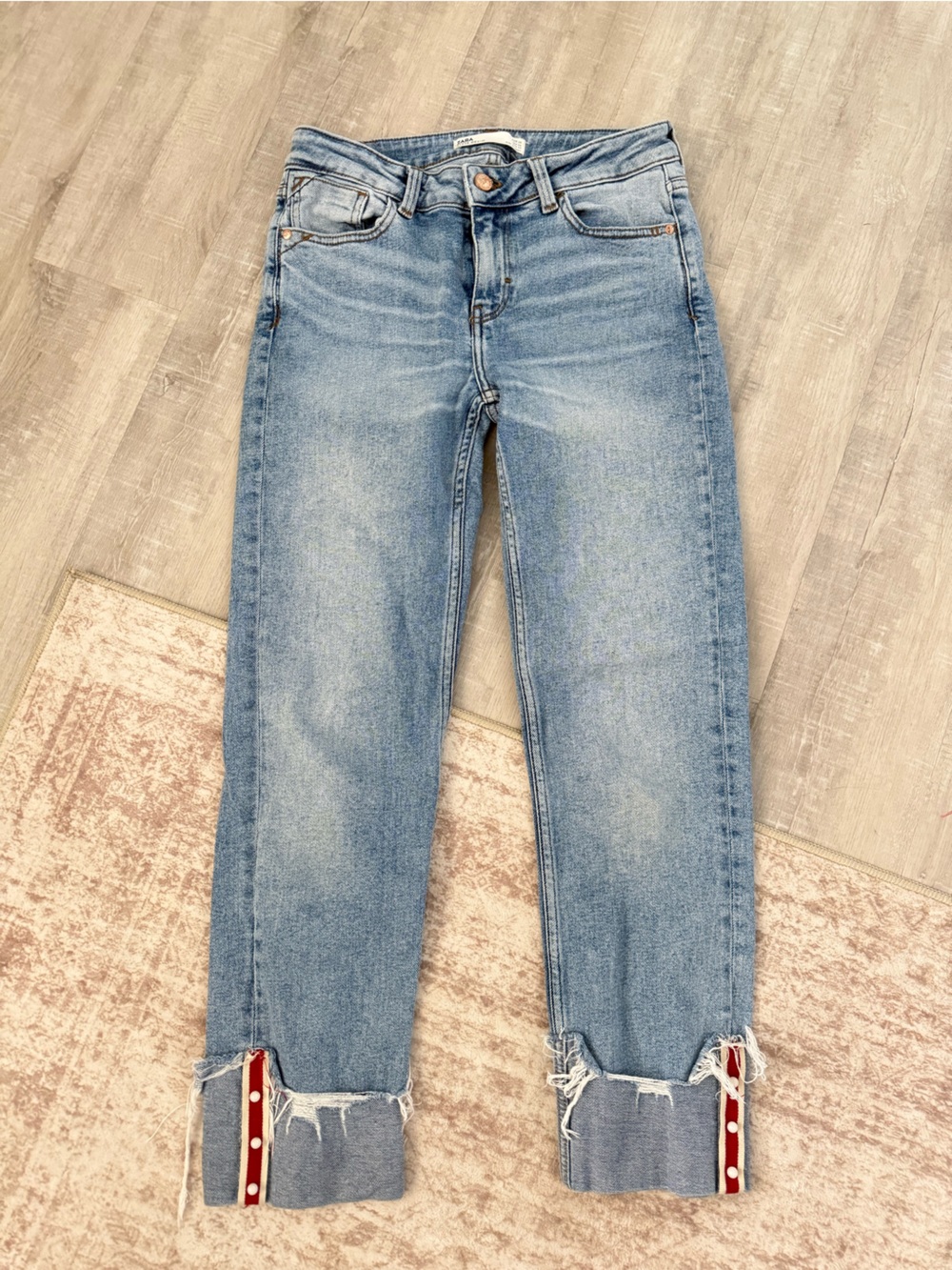 Zara Z1975 Denim, Cuffed Straight Leg Jeans, Red Pearl Cuff, Boyfriend Size 6